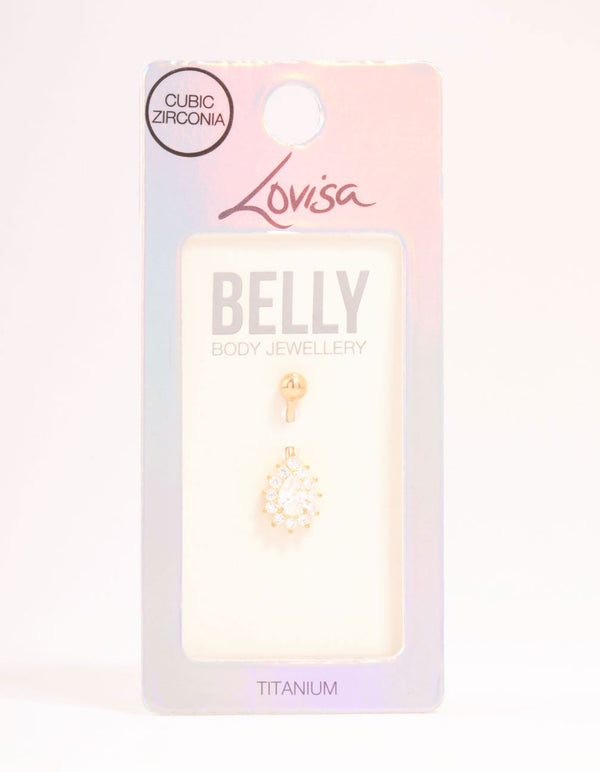 Gold Plated Titanium Cubic Zirconia Spiked Pear Belly Bar