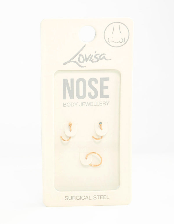 Gold Plated Surgical Steel Teal Diamante Nose Stud & Ring 3-Pack