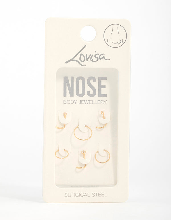 Gold Plated Surgical Steel Cubic Zirconia Nose Stud & Rings 6-Pack