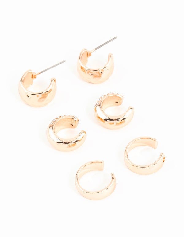 Gold Plated Chunky Pave Cubic Zirconia Ear Cuffs 6-Pack