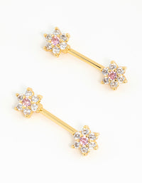 Gold Plated Surgical Steel Cubic Zirconia Flower Nipple Bars 2-Pack - link has visual effect only