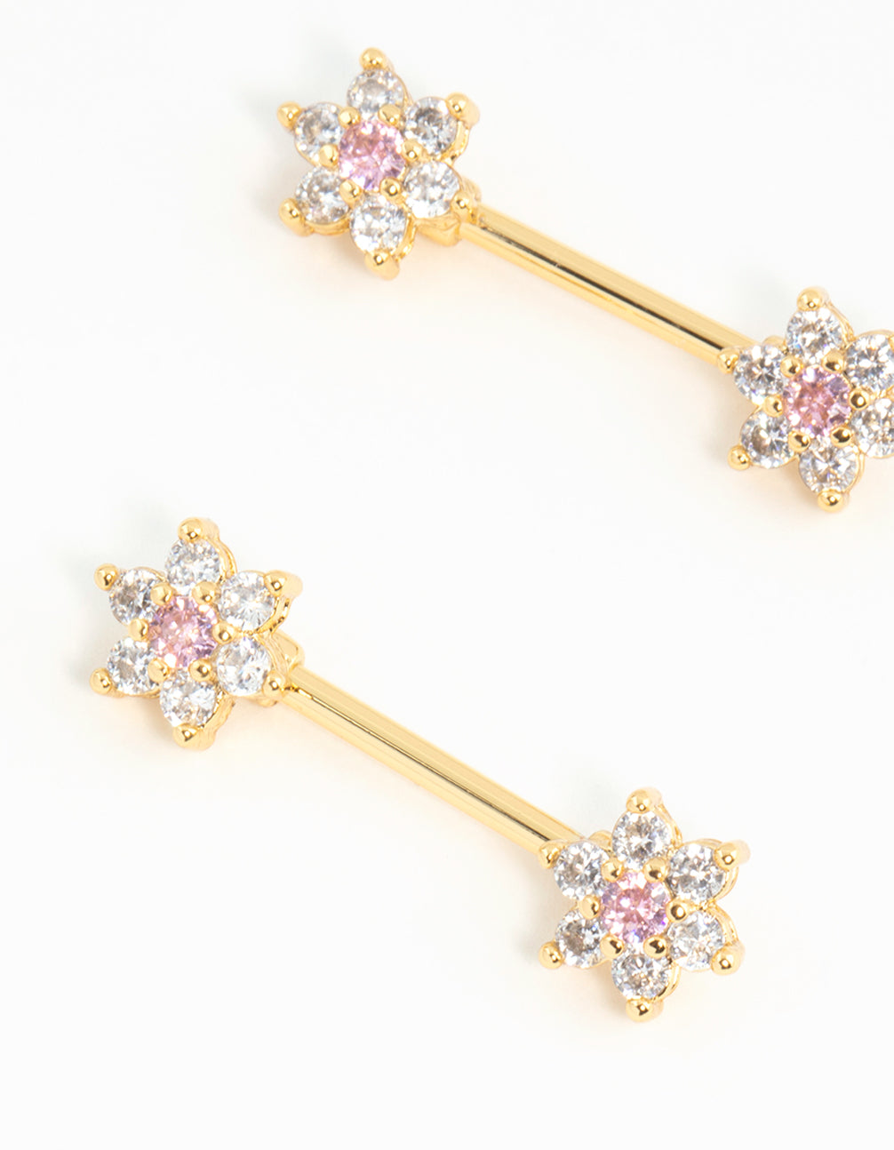 Gold Plated Surgical Steel Cubic Zirconia Flower Nipple Bars 2-Pack