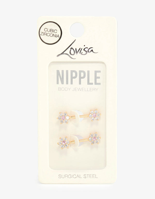 Gold Plated Surgical Steel Cubic Zirconia Flower Nipple Bars 2-Pack