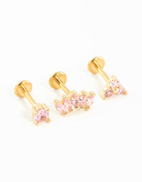 Gold Plated Surgical Steel Pink Cubic Zirconia Flower & Fan Flat Backs 3-Pack - link has visual effect only