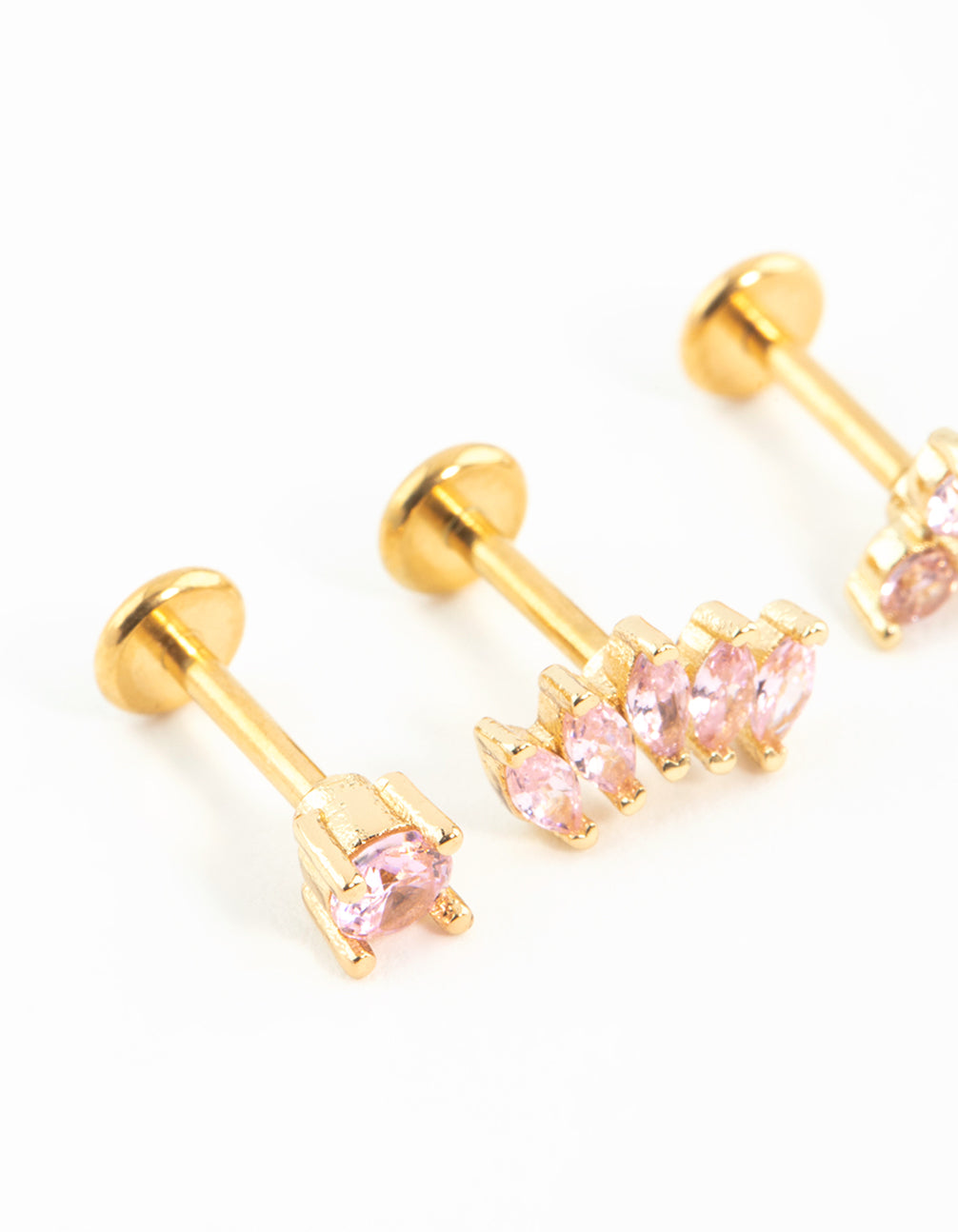 Gold Plated Surgical Steel Pink Cubic Zirconia Flower & Fan Flat Backs 3-Pack