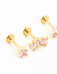 Gold Plated Surgical Steel Pink Cubic Zirconia Flower & Fan Flat Backs 3-Pack - link has visual effect only