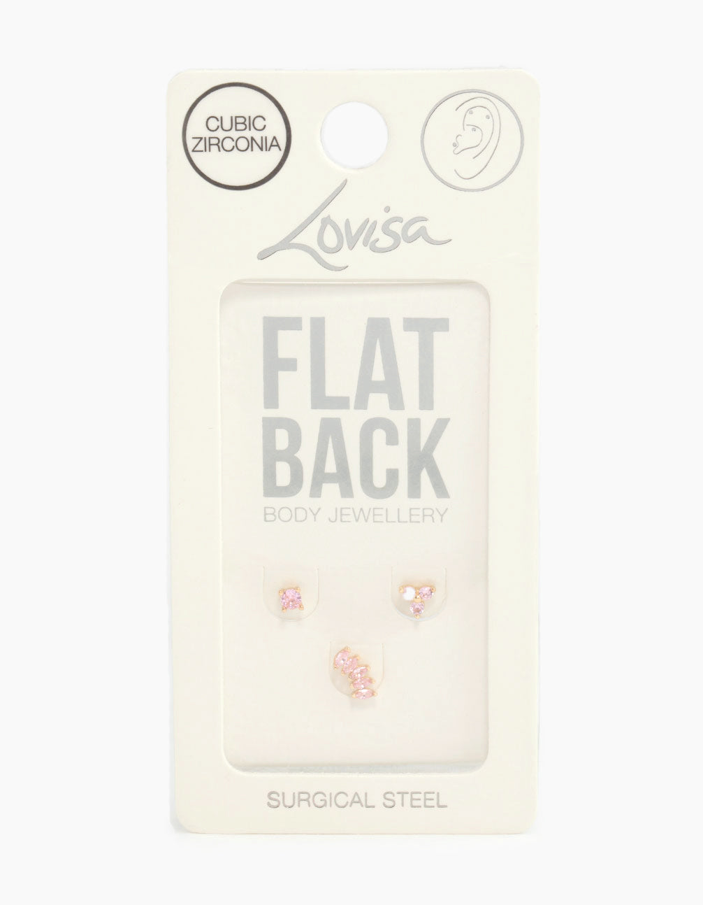 Gold Plated Surgical Steel Pink Cubic Zirconia Flower & Fan Flat Backs 3-Pack