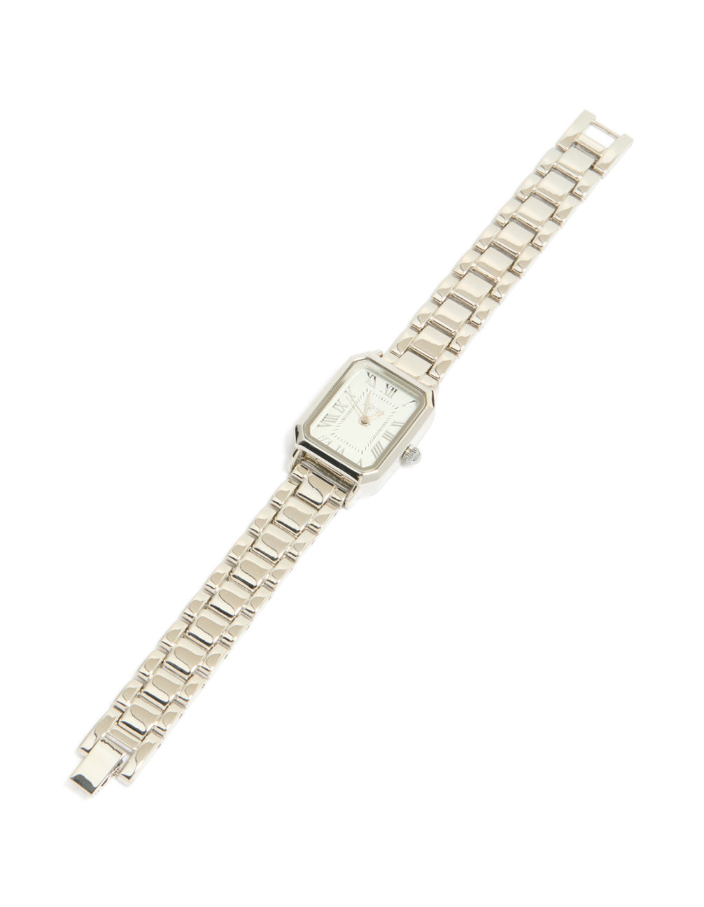 Featuring a silver rectangle roman numeral watch with white dial designed for women with link band strap and analog display in formal style front view