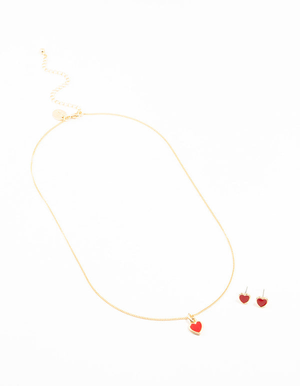 Red Enamel Heart Gold Necklace & Earrings Set