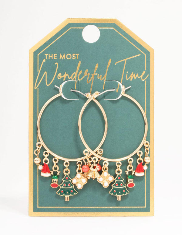 Gold Tree & Santa Charm Hoop Earrings