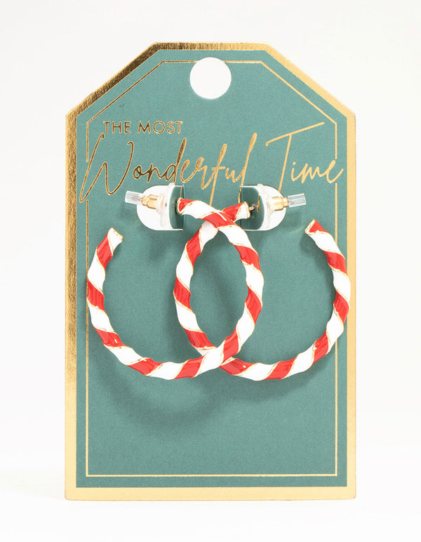 Red & White Candy Cane Enamel Hoop Earrings
