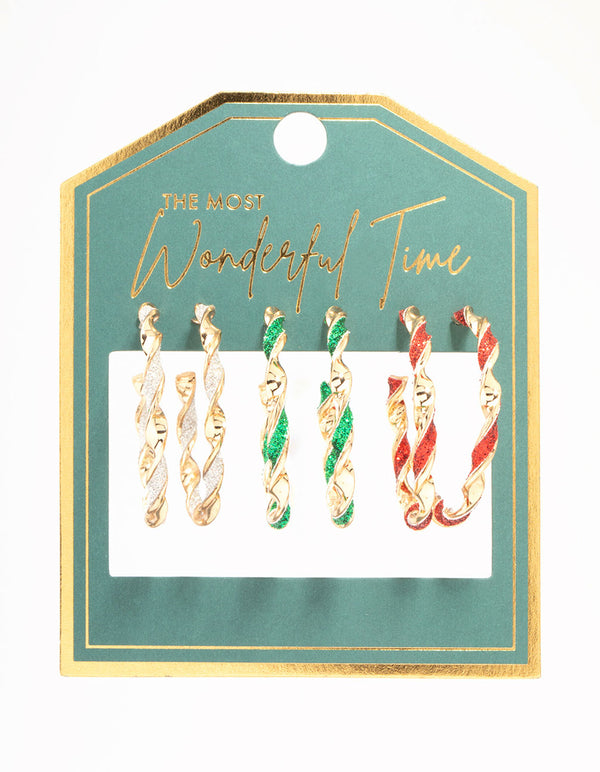 Gold Glitter Twisted Hoop Earrings 3-Pack