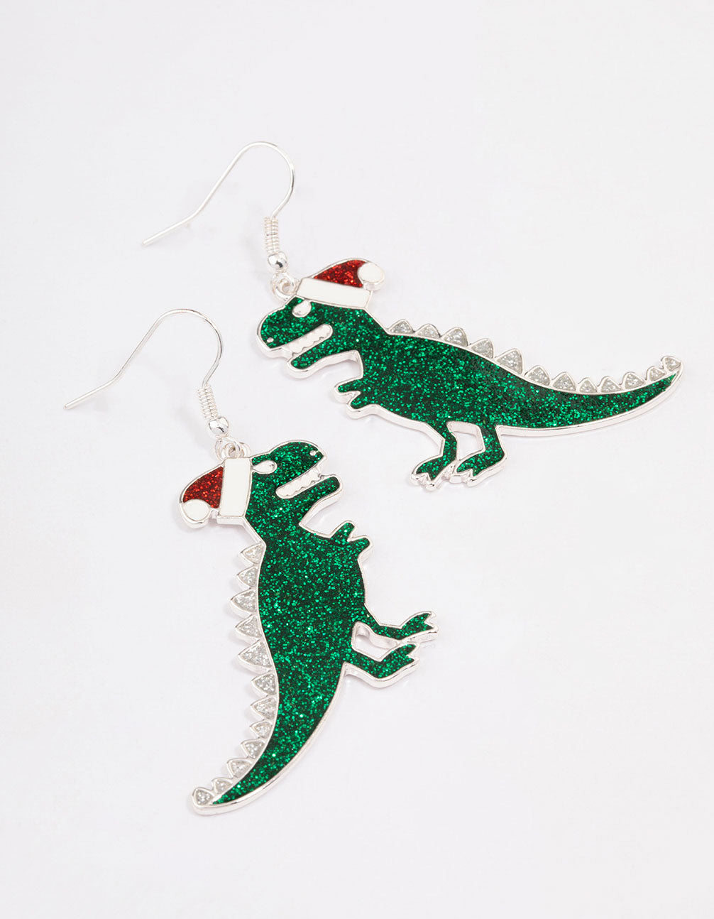 Green Glittery Dinosaur Drop Earrings