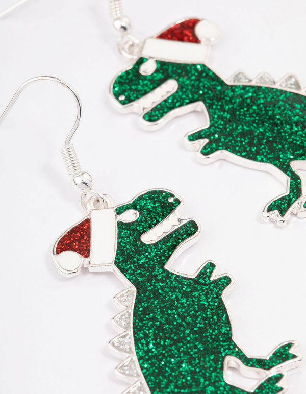 Green Glittery Dinosaur Drop Earrings