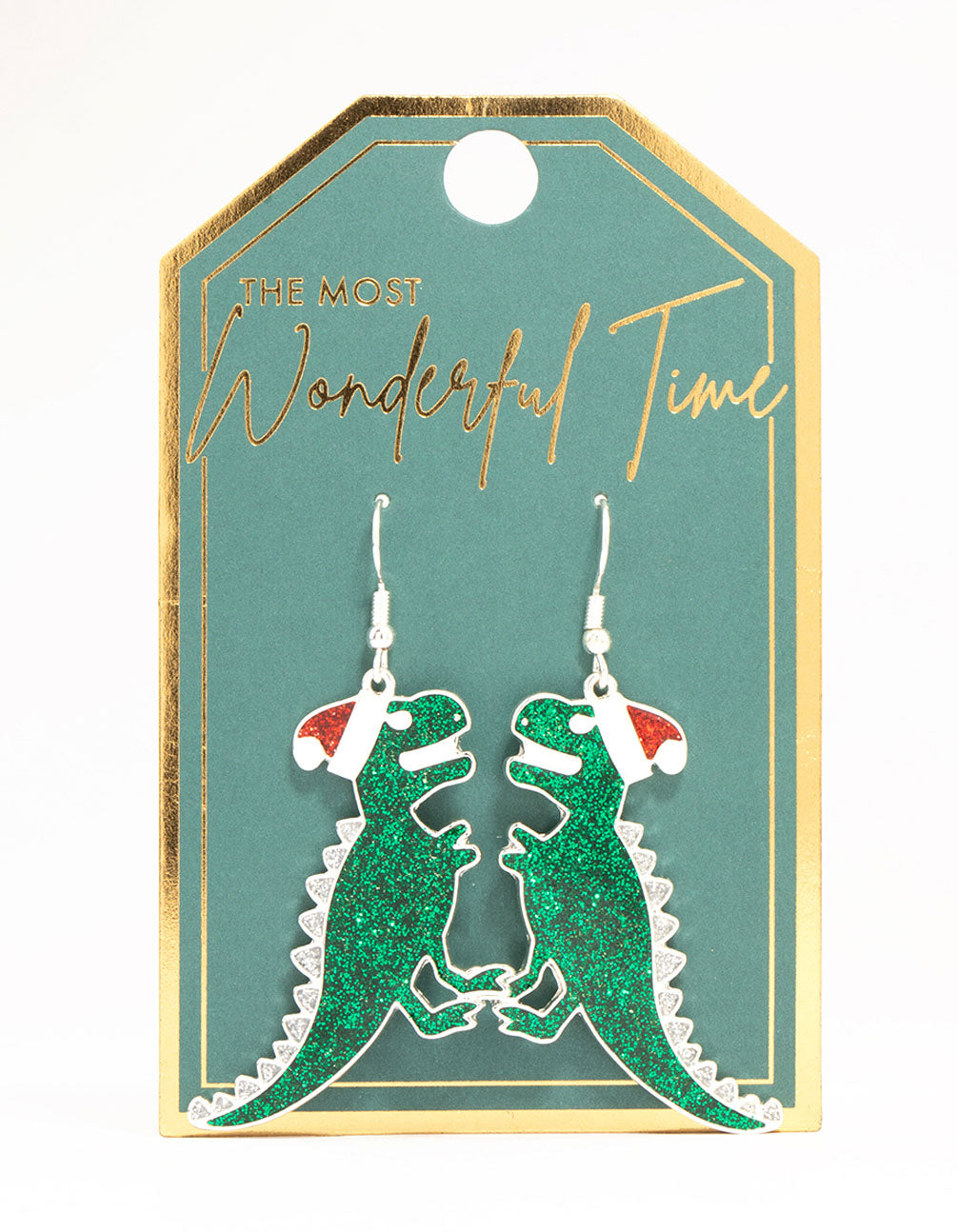 Green Glittery Dinosaur Drop Earrings