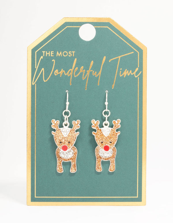 Glitter Reindeer Drop Earrings