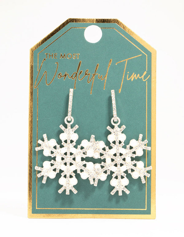 Silver Pearl & Diamante Snowflake Earrings