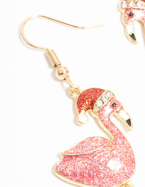 Pink Enamel Flamingo Drop Earrings