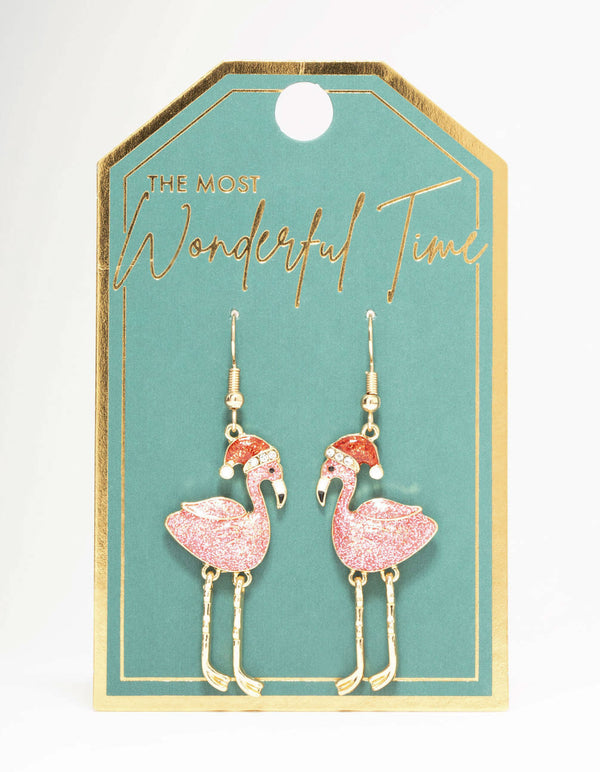 Pink Enamel Flamingo Drop Earrings