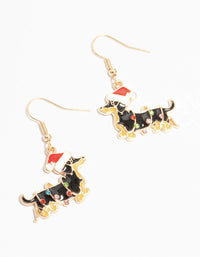 Gold Dachshund Dog With A Santa Hat Drop Earrings - link has visual effect only