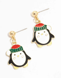 Penguin With Beanie Gold Drop Earrings - link has visual effect only