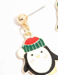 Penguin With Beanie Gold Drop Earrings - link has visual effect only