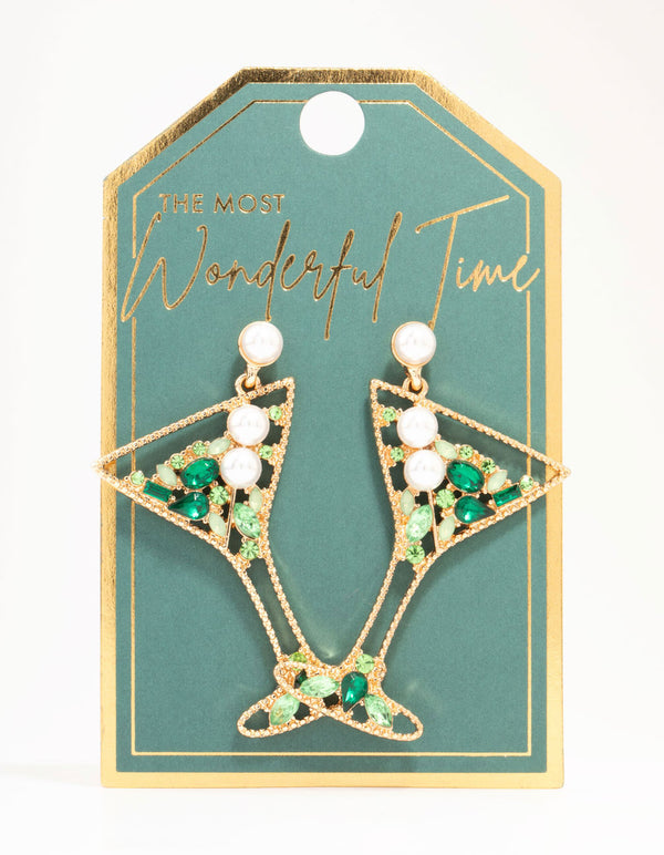 Green Diamante & Pearls Cocktail Earrings