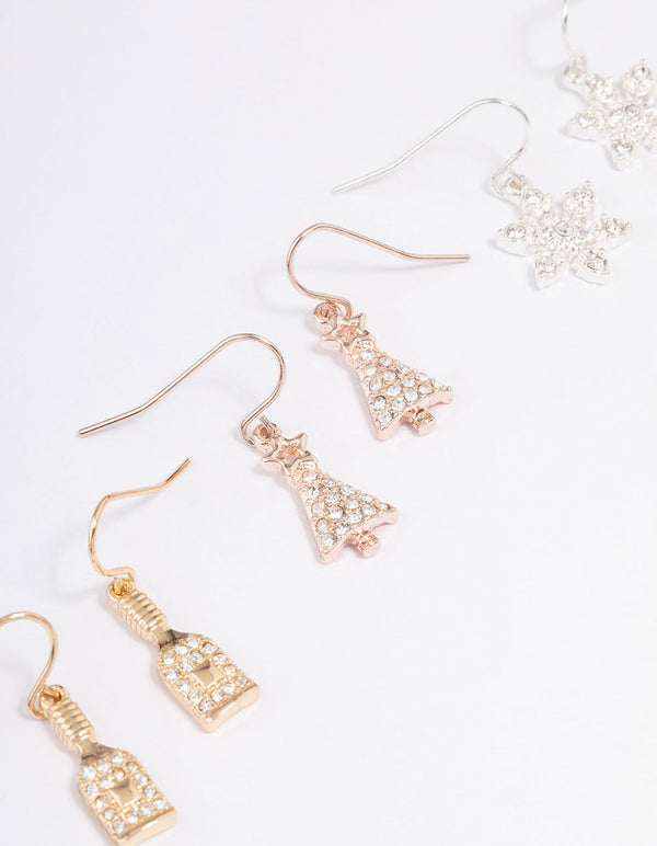 Mixed Metals Snowflake, Wine Bottle & Tree Earrings 3-Pack