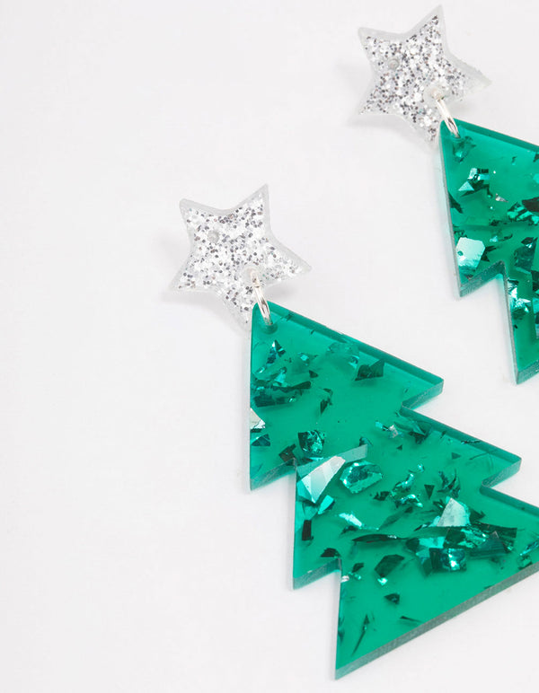 Green Acrylic With Silver Star Tree Earrings