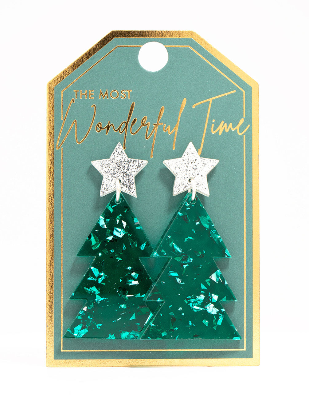 Green Acrylic With Silver Star Tree Earrings