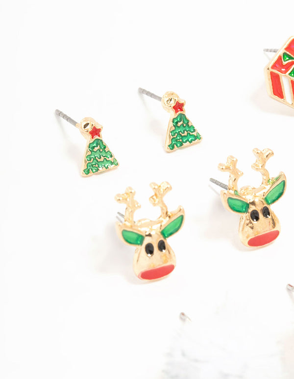 Candy Cane & Reindeer Mixed Stud Earrings 12-Pack
