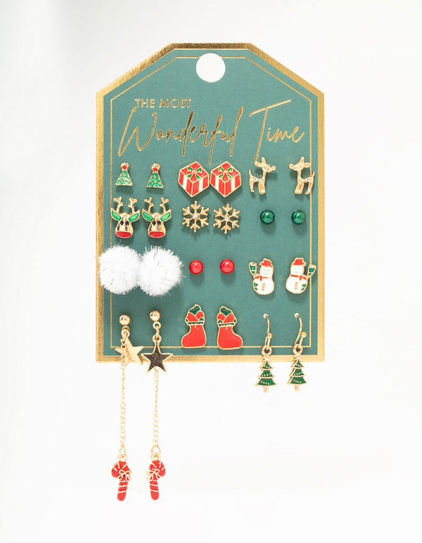 Candy Cane & Reindeer Mixed Stud Earrings 12-Pack
