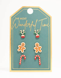 Reindeer, Candy Cane & Gingerbread Man Gold Stud Earrings 3-Pack - link has visual effect only