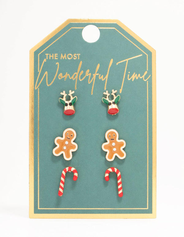 Reindeer, Candy Cane & Gingerbread Man Gold Stud Earrings 3-Pack