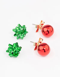 Red Bell & Green Present Bow Stud Earrings 2-Pack - link has visual effect only