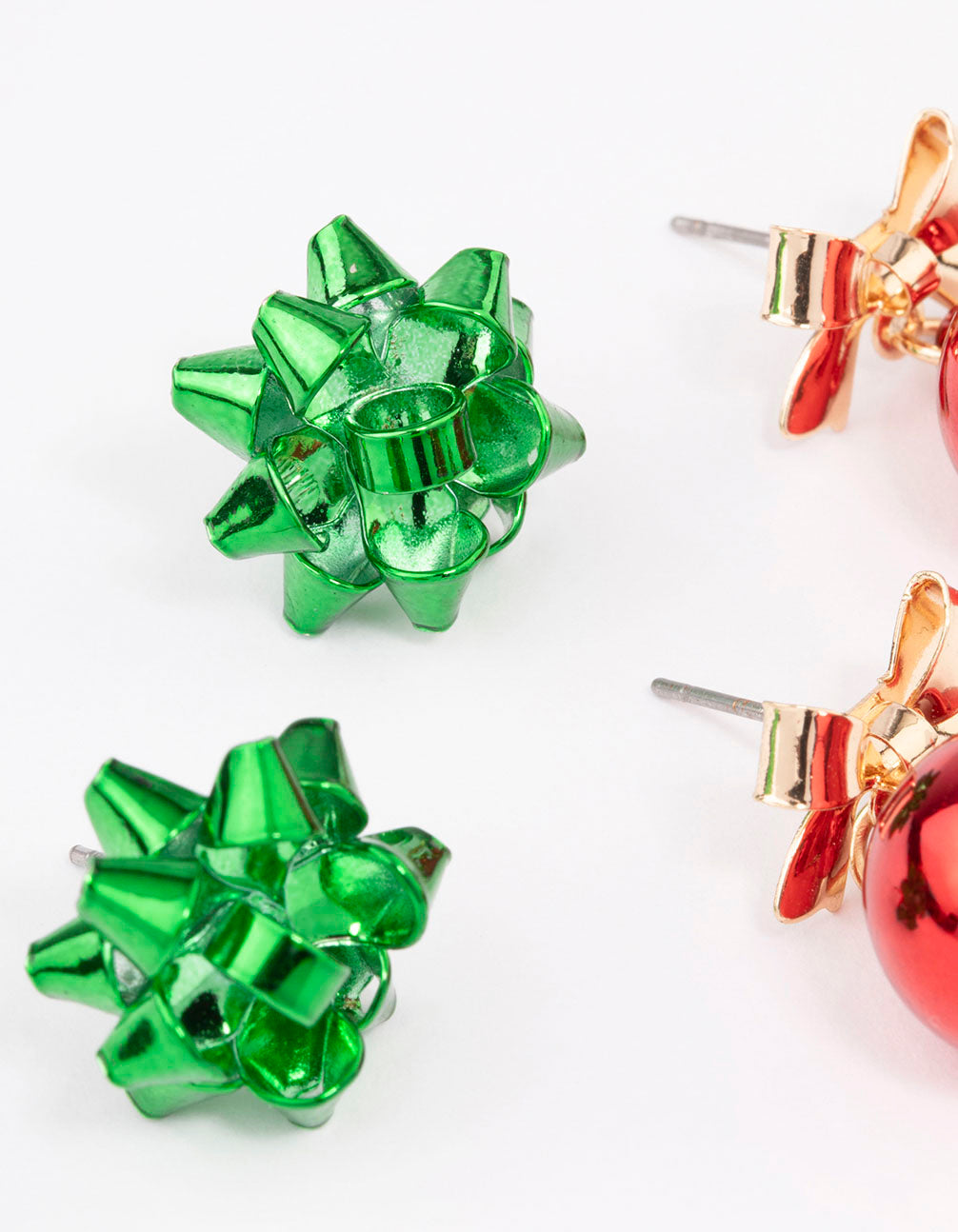 Red Bell & Green Present Bow Stud Earrings 2-Pack