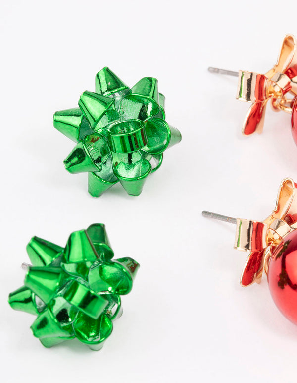 Red Bell & Green Present Bow Stud Earrings 2-Pack