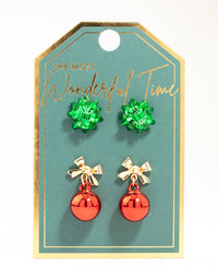 Red Bell & Green Present Bow Stud Earrings 2-Pack - link has visual effect only