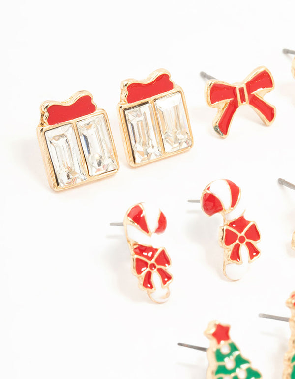Candy Cane & Bow Gold Earrings 12-Pack