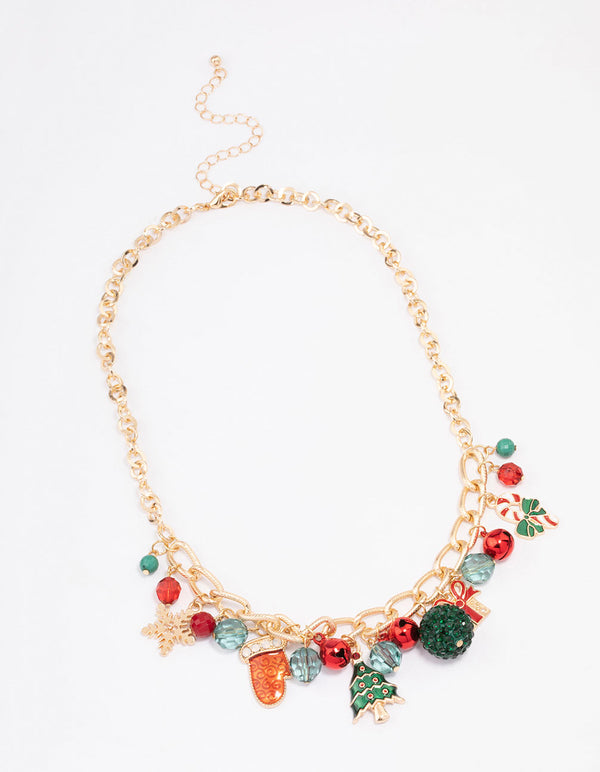 Gold Tree, Bells & Beads Festive Charm Necklace