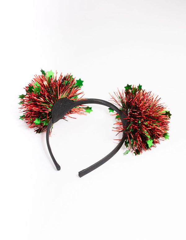 Green & Red Tinsel Pom Pom Headband