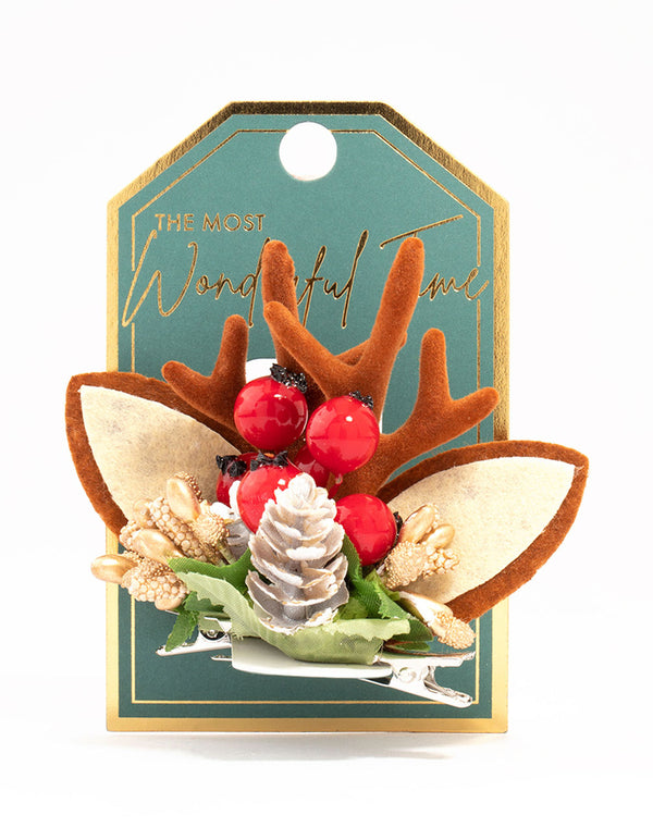 Brown & Red Reindeer Wreath Fabric Hair Clip