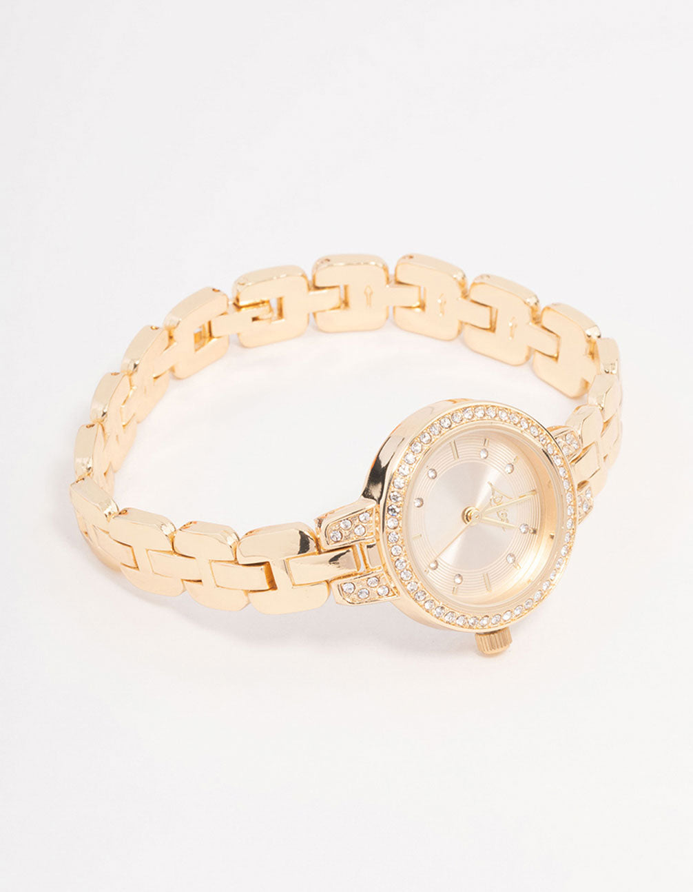Beautifully crafted small diamante watch with white stone-detailed dial, round shape, formal wear, link-band strap in gold, and analog type case detail view