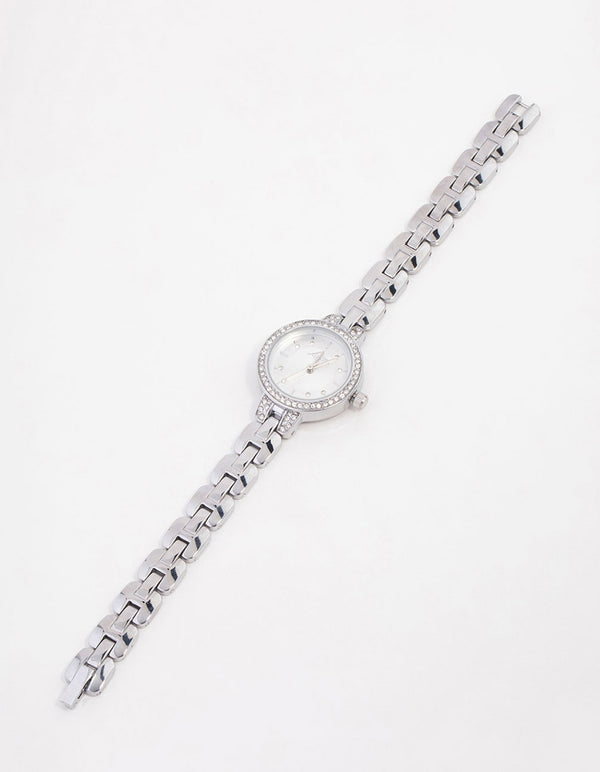 Small Silver Diamante Round Strap Watch