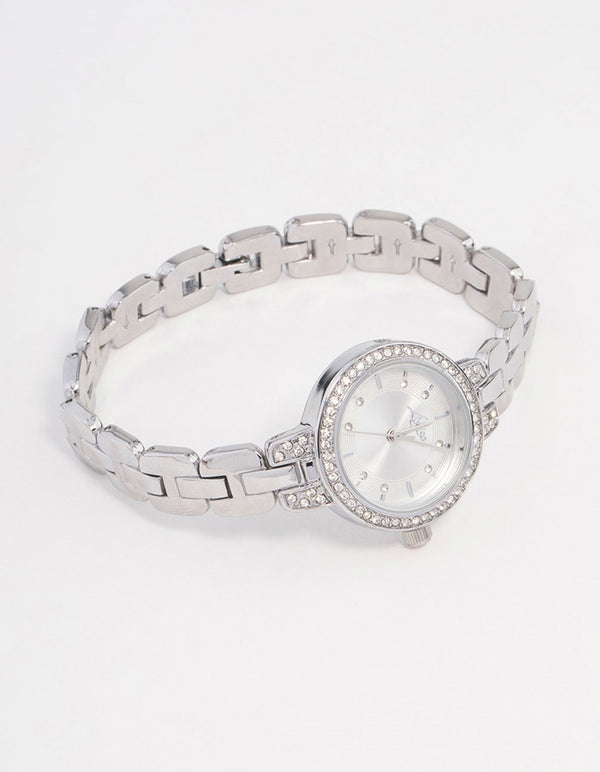 Small Silver Diamante Round Strap Watch