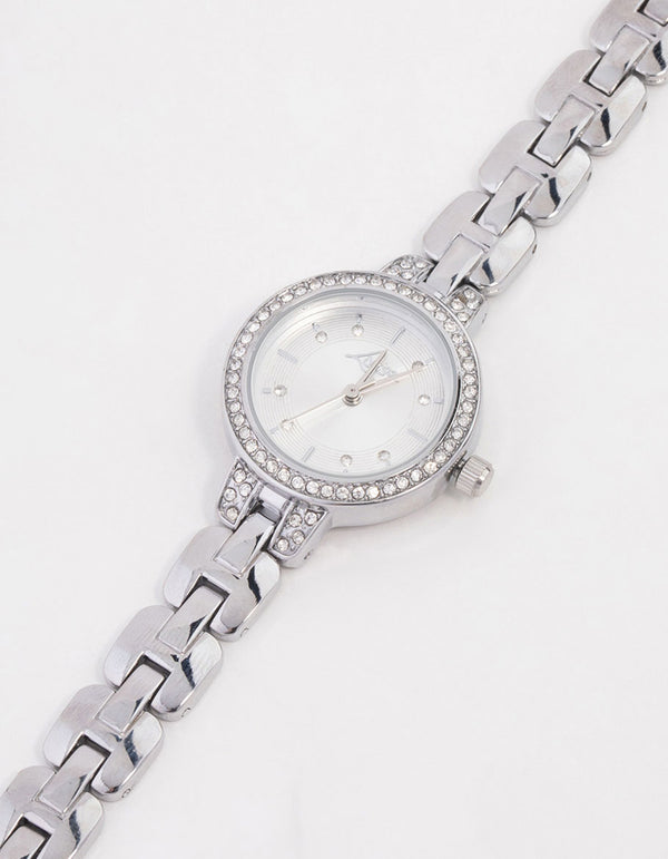 Small Silver Diamante Round Strap Watch