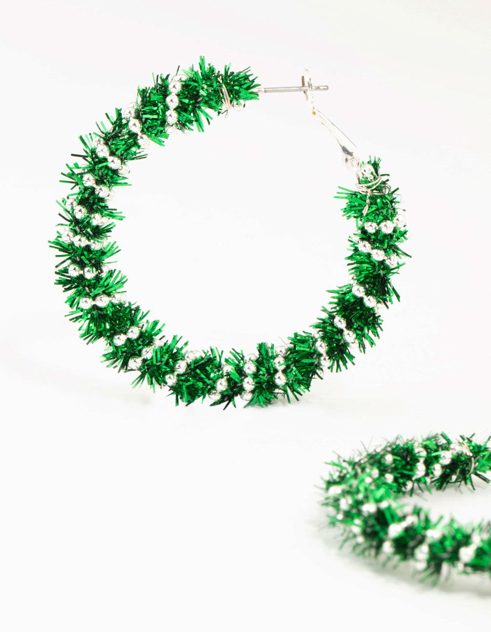 Green Tinsel Silver Hoop Earrings