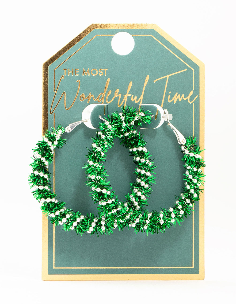 Green Tinsel Silver Hoop Earrings