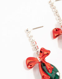 Green Diamante & Red Bow Silver Drop Earrings - link has visual effect only