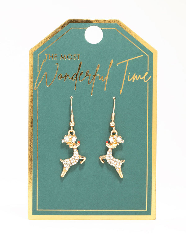 Gold Jumping Diamante Reindeer Earrings